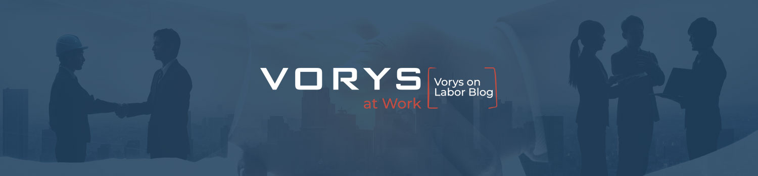 Partnership concept/handshake with Vorys on Labor Blog logo